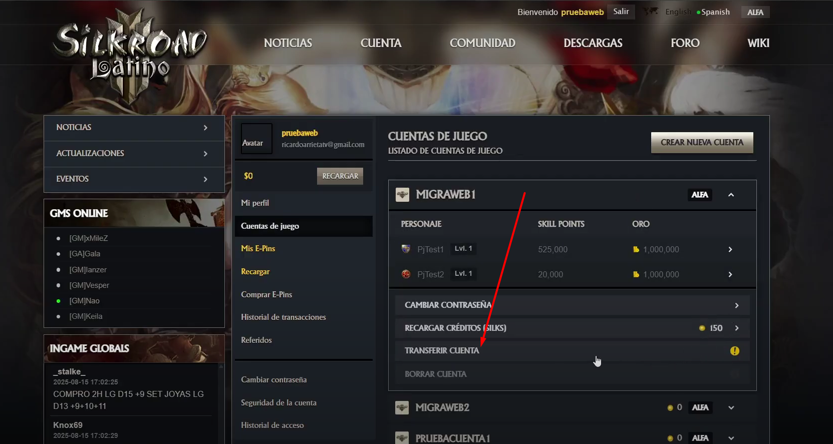 Menú desplegable de la cuenta del juego con la opción Transferir Cuenta al final.