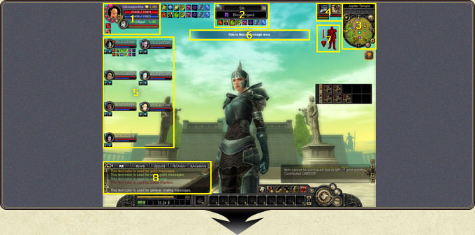 Vista general del HUD: estatus, objetivo, minimapa, grupo, casilla rápida y chat, todo en pantalla.