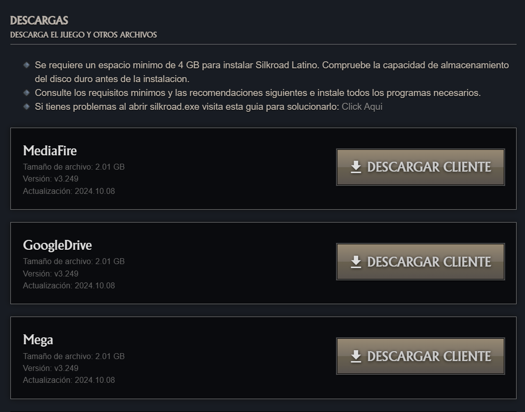 Sección de Descargas de la web oficial con las opciones disponibles.