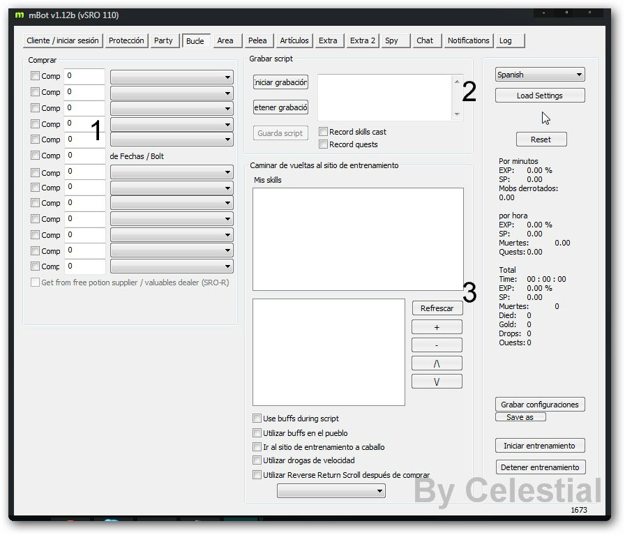 Pestaña Bucle: compra automática de potes y grabación de scripts de caminata y lure.