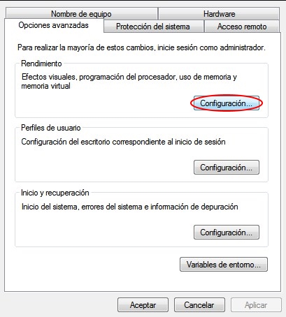 Botón Configuración dentro de la sección Rendimiento.
