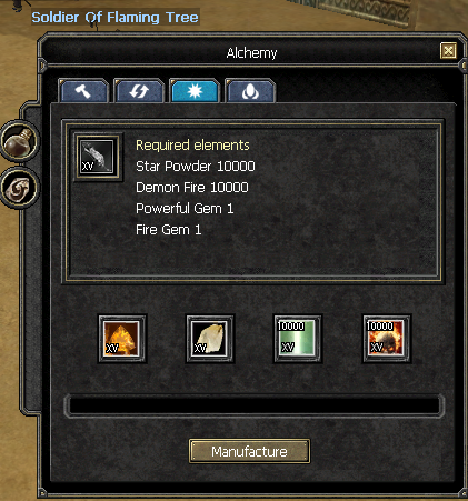 Pestaña Alchemy / Manufacture: cargá primero el Unforged Upgrade Scroll y después los 4 ingredientes.