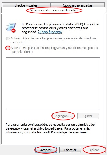 Pestaña Prevención de ejecución de datos con los ejecutables agregados a las excepciones.