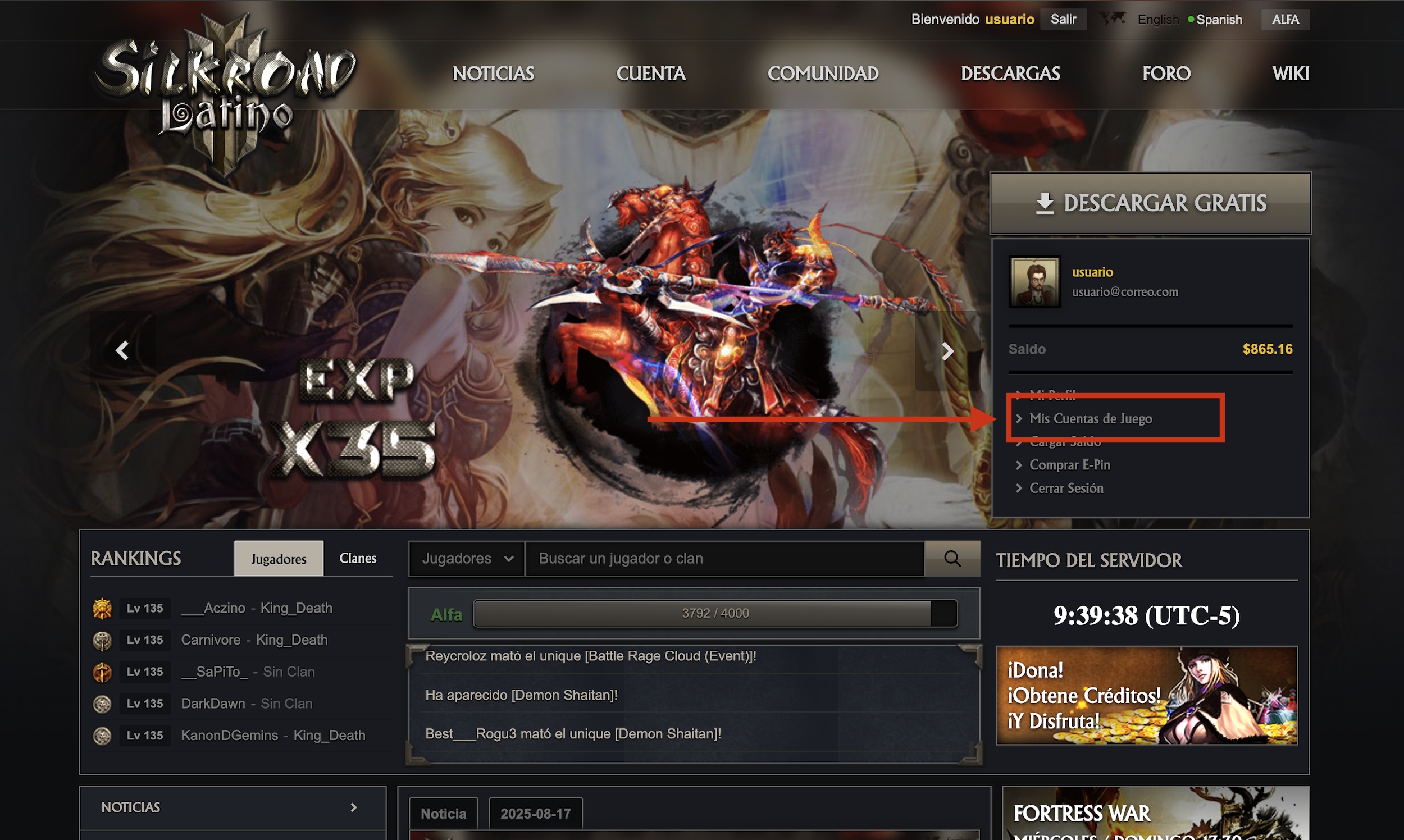 Acceso al menú "Cuentas de Juego" desde el perfil web.
