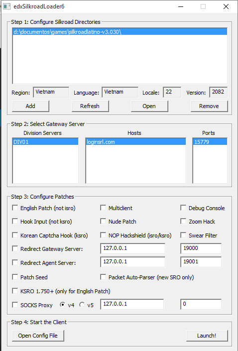 Botón ADD para seleccionar el Sro_Client.exe del juego.