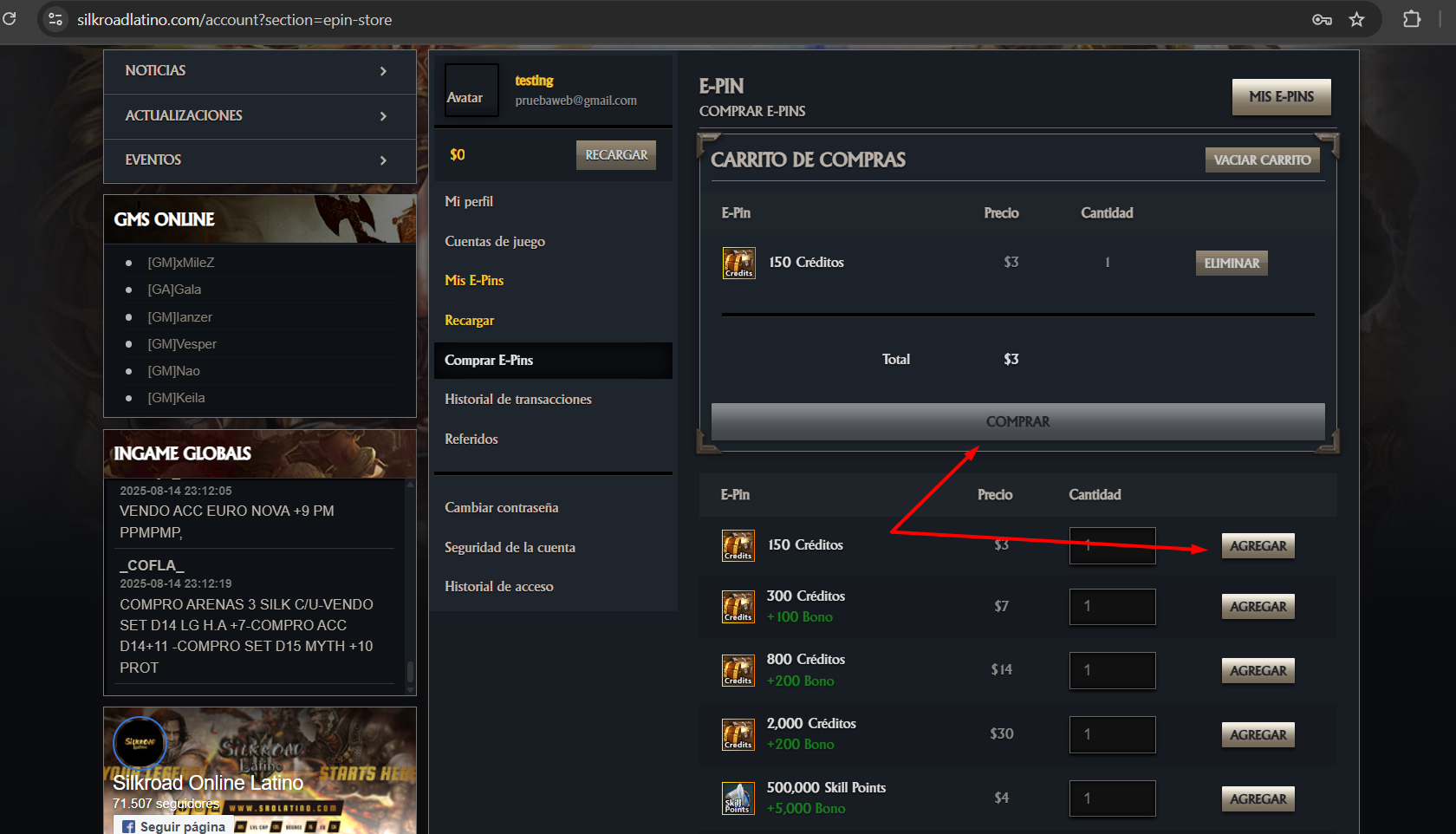 Tienda de e-pins: carrito con Silk y Skill Points listos para comprar.