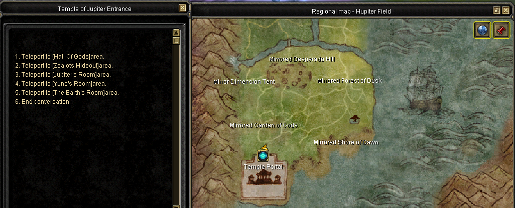 Mapa de la Mirror Dimension con los teleports a cada zona.