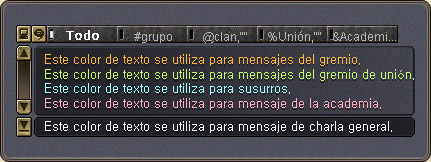 Ventana de chat con sus canales: Todos, Grupo, Clan, Unión y Academia.