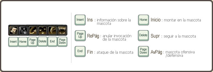 Teclas para convocar y manejar tus mascotas.
