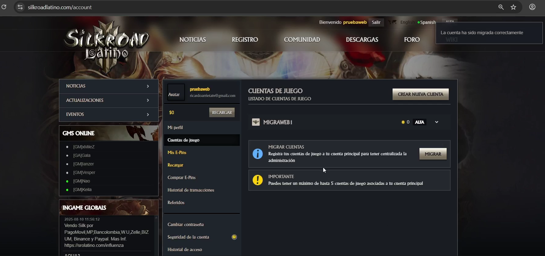 Cuenta de juego ya sincronizada con tu cuenta web.
