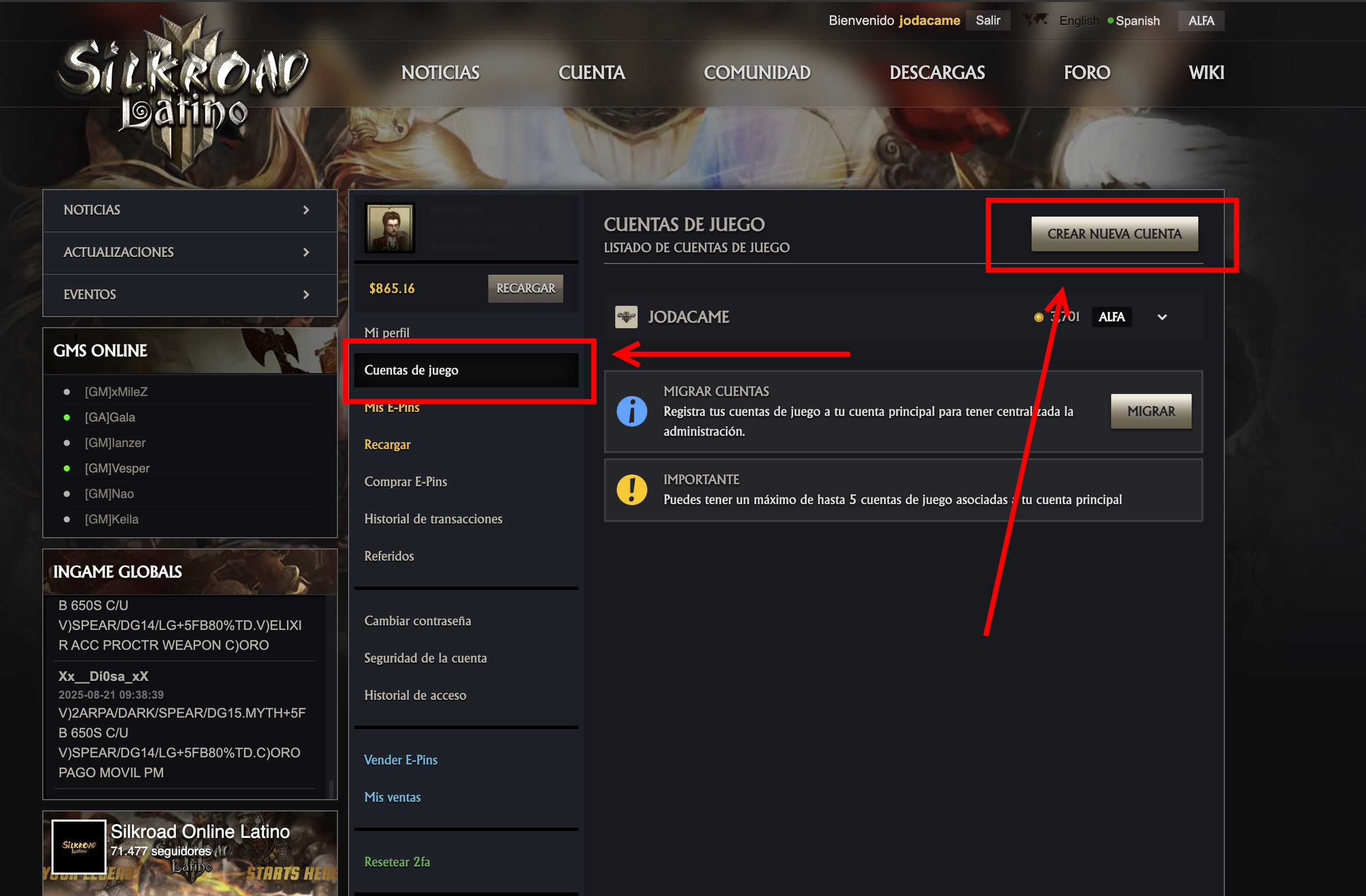Pantalla de cuentas de juego con la opción "Crear Nueva Cuenta".