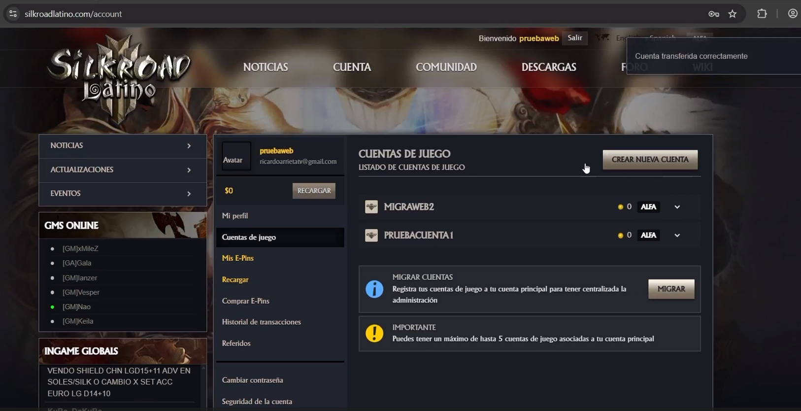 Confirmación en pantalla: la cuenta se transfirió correctamente a la nueva cuenta web.