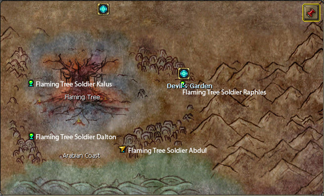 NPC de la cadena en el mapa: Soldier Of Flaming Tree, Klaus, Dalton y Abdul.