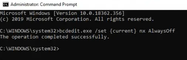 Comando bcdedit para desactivar el DEP ingresado en CMD.