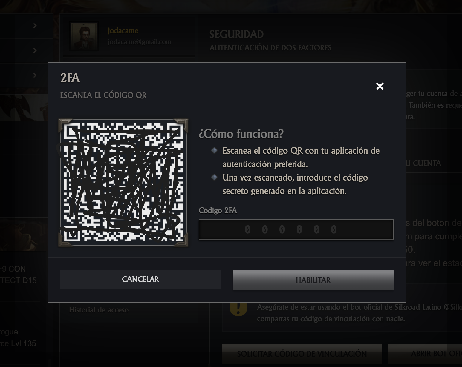 Pantalla con el código QR y el campo para ingresar el Código 2FA.
