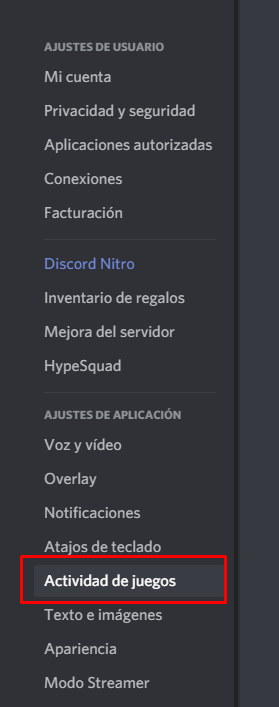 Sección Actividad de juegos en la configuración de Discord.