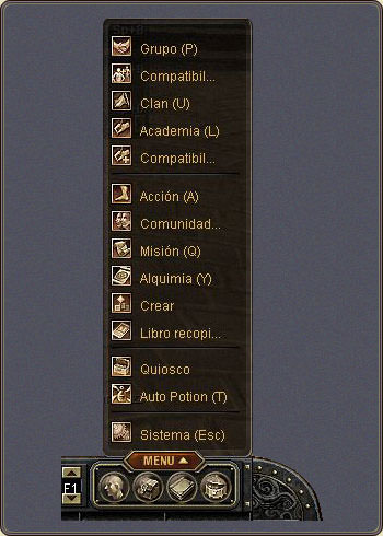 Botón de menú y los accesos a inventario, comunidad, Item Mall y opciones.