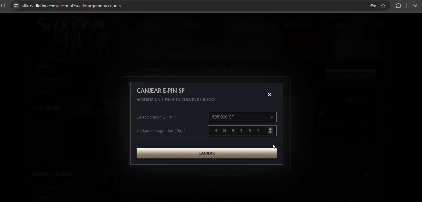 Canje del e-pin de Skill Points confirmando con el código 2FA.