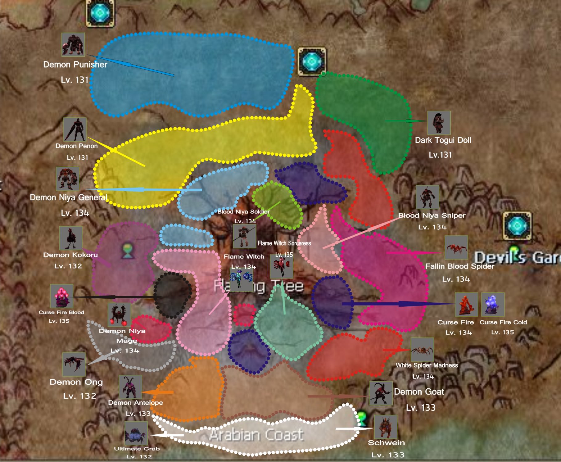 Zona de farmeo: ubicación de los mobs de la cadena Flaming Tree en el mapa.