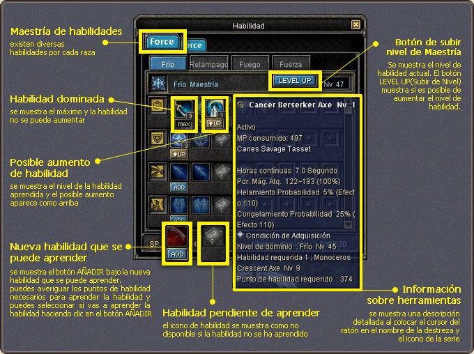 A skill's description window, showing effects, requirements and cost.