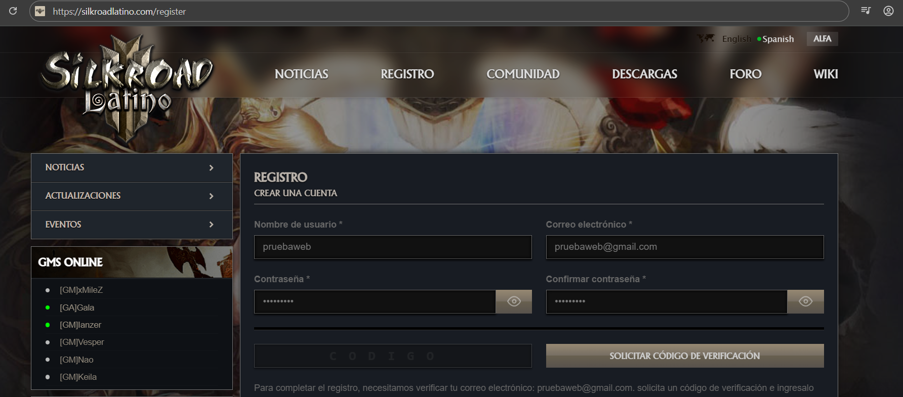 Formulario de registro web: usuario, correo y contraseña.