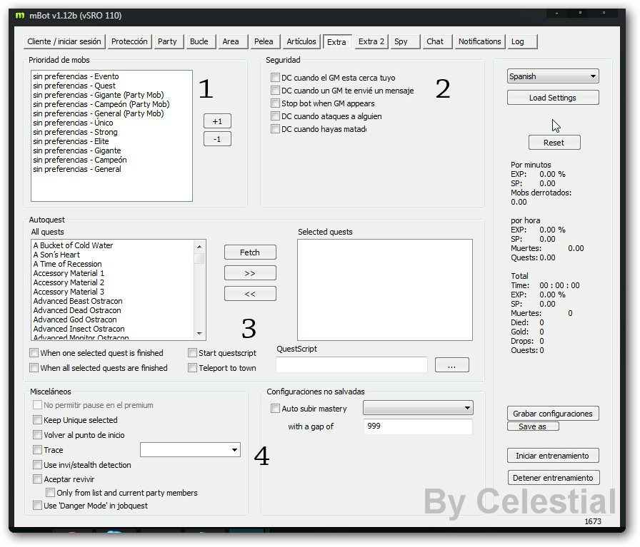 Pestaña Extra: prioridad de mobs, opciones de seguridad y configuración de autoquest.