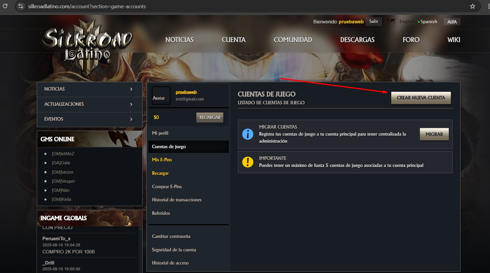 Opción Crear Nueva Cuenta dentro del panel.